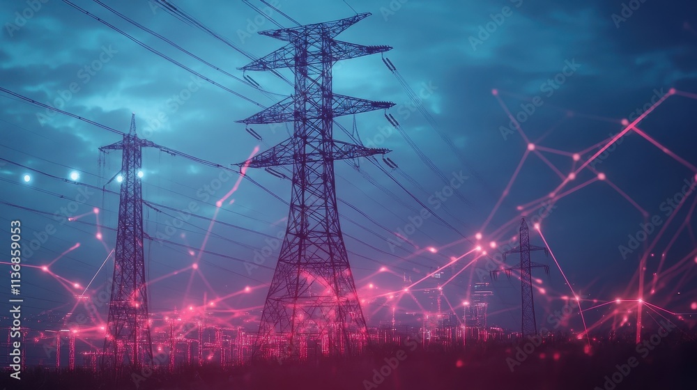Poster power lines at twilight with digital network overlay representing modern energy solutions