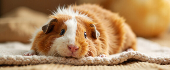 Adorable guinea pig resting on cozy blanket, pet companionship