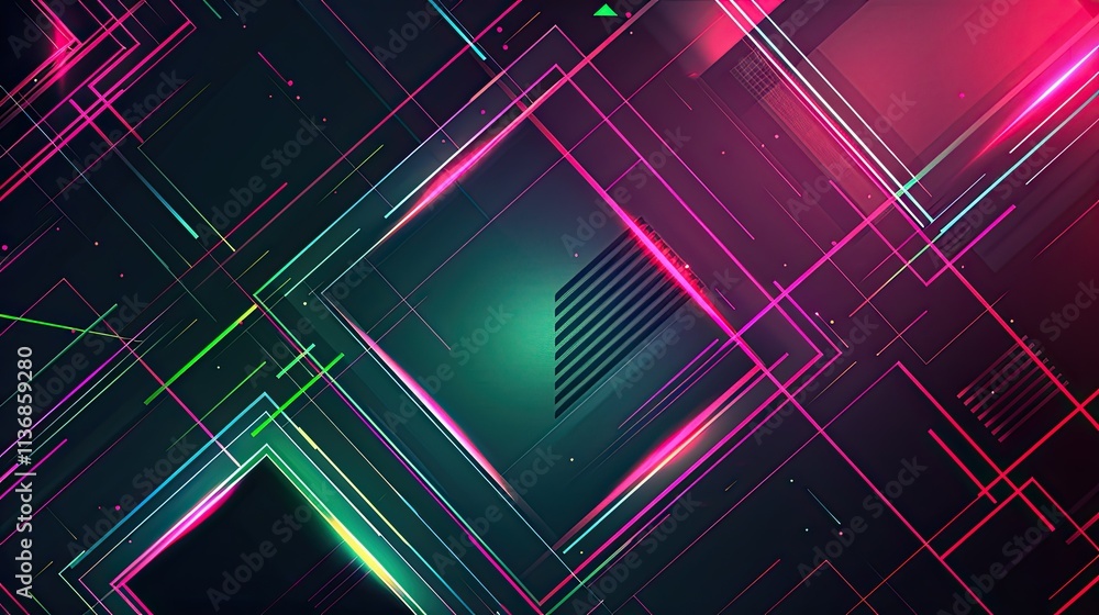 Poster abstract geometric design with vibrant neon lines and shapes on a dark background.