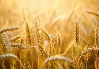 Fototapeta premium Close-up of wheat ears glowing in warm golden sunlight