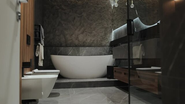 An Elegant Modern Bathroom Featuring a Freestanding Tub and a Beautiful Minimalist Design