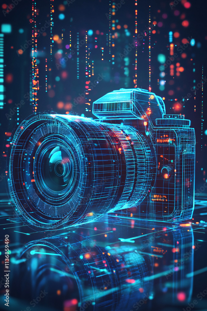Poster a futuristic camera icon with floating shutter speed data, symbolizing online photography tools, rea