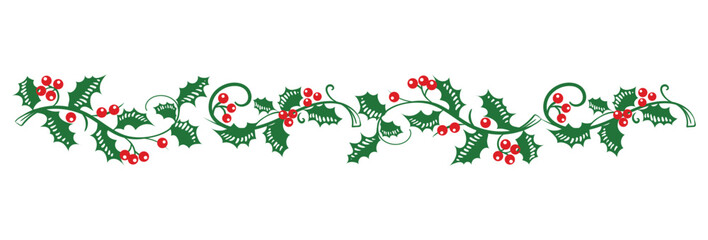 Christmas holly botanical border. Flat illustration with green leaves and red berries on white background. Line with plant wreath. Vector image.