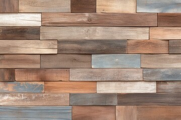 Naklejka premium Textured wood paneling in various shades of brown and blue, creating a warm and rustic atmosphere.