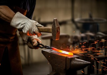 A blacksmith works on a heated piece of metal, striking it against an anvil