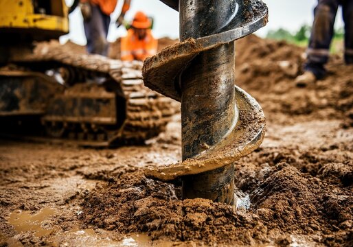 Large auger auger drilling in mud at a construction site