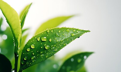 Fototapeta premium Dew Drops Adorn Vibrant Green Tea Leaves