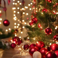 Fototapeta premium Merry Christmas, balls, lights, red- 62