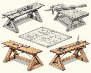 Collection of woodworking tools and workbenches in detailed illustrations, showcasing craftsmanship and design.