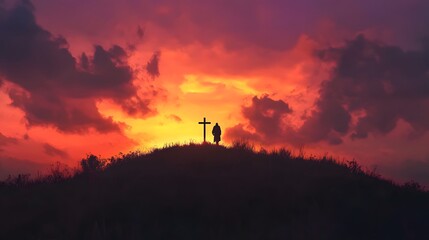 Silhouette Of A Person Standing By A Cross At Sunset
