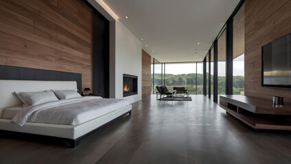 Modern bedroom featuring a king-size bed, wooden walls, large windows, and a comfortable lounge area overlooking the landscape.