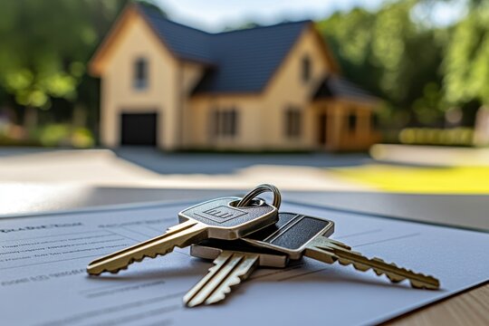 Close-up of house keys placed on a real estate contract with a blurred modern house in the background.