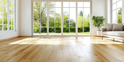 Obraz premium A modern living room features light oak hardwood flooring, large windows, and minimalist furniture. Bright natural light enhances warmth, with clear copy space above the floor.