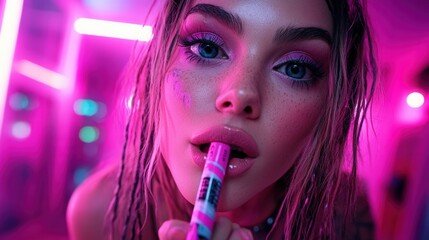Fototapeta premium This striking portrait captures a young woman surrounded by vibrant pink lights, radiating energy and individuality while showcasing contemporary fashion influenced by modern aesthetics.