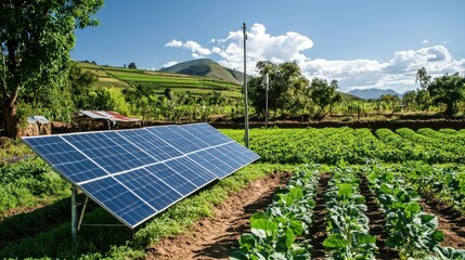 Solar Panels in Lush Green Farm Landscape Under Clear Blue Sky with Mountains