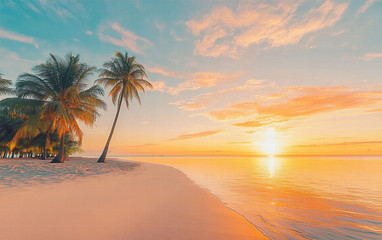 Tropical Sunset Paradise: Serene beach scene at sunset with palm trees, tranquil ocean, and vibrant sky. Perfect for travel, vacation, or relaxation themes. 