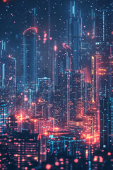 Fototapeta premium A futuristic city skyline icon glowing with urban data, representing online city planning platforms, smart infrastructure tools, and real-time urban analytics. 