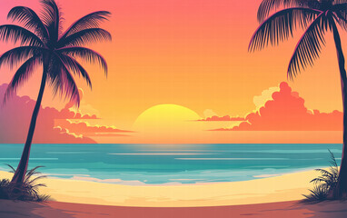 Obraz premium Sunset Paradise: Palm trees silhouette against a vibrant sunset, casting long shadows across the golden sands of a pristine beach. The ocean, a cerulean expanse.