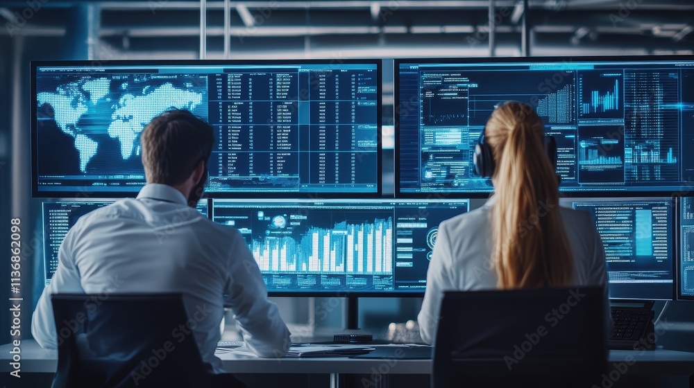Poster tech professionals analyzing global financial data on multiple monitors in modern office