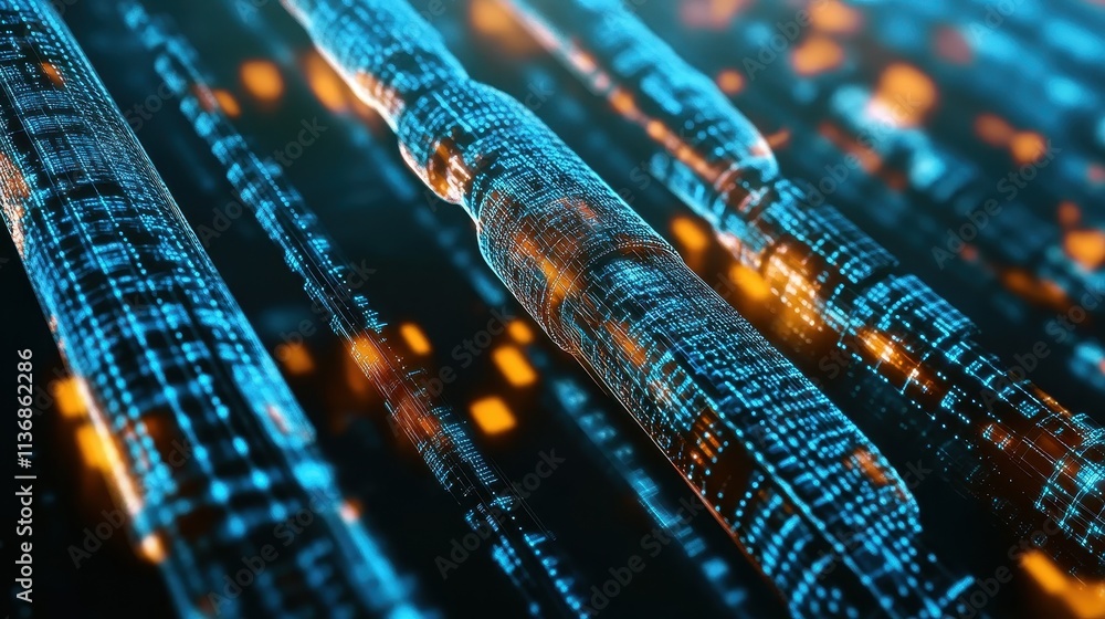 Poster futuristic digital network with orange and blue illuminated circuit patterns
