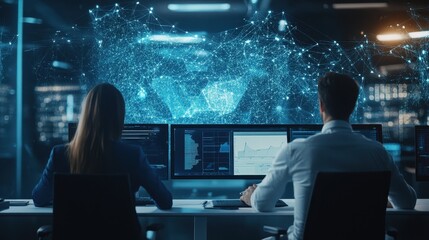 Futuristic Office with Digital Network Hologram and Data Analysis at Night