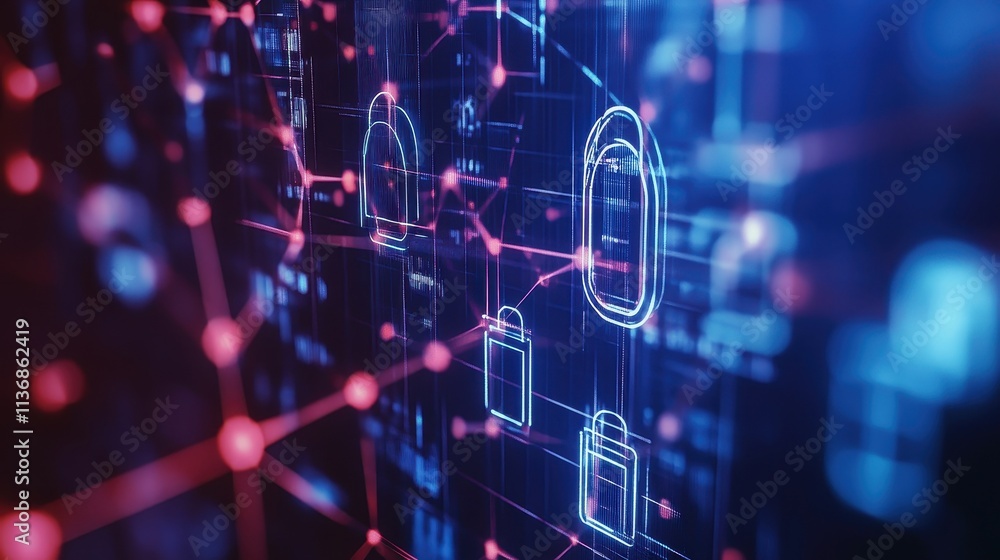 Poster digital security icons in a network space with blue and red light effects