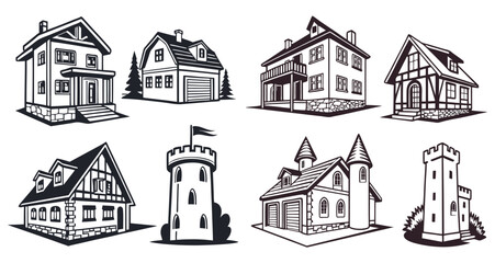set of houses in styles, set of houses icon, set of houses sketch, Buildings Line Editable Stroke Icons Set. Real Estate, House, Home, Apartment,