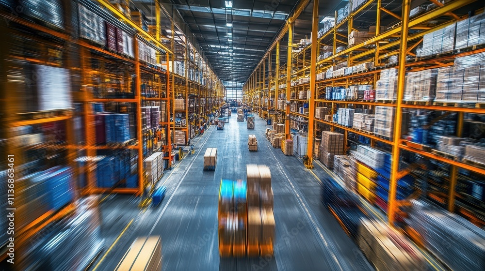 Poster dynamic warehouse distribution hub with shelves and moving boxes in blur motion capture