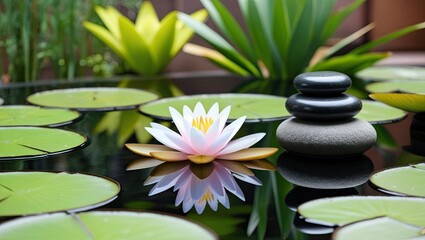 Zen garden featuring waterlilies and massage stones
By