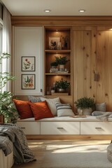 Fototapeta premium Cozy reading nook with built-in bench, shelves, and natural wood accents.