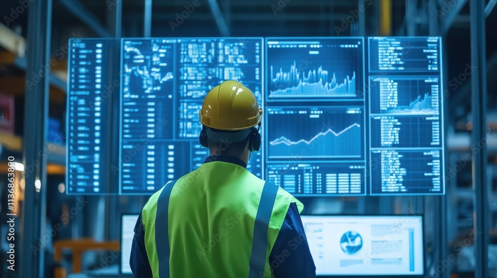 Poster engineer analyzing digital data on multiple screens in a modern industrial facility
