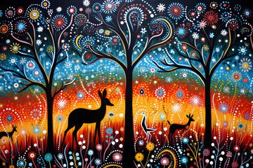 Obraz premium Harmony of Life: Embodying Aboriginal Tribe's Connection with Nature through Dot Art
