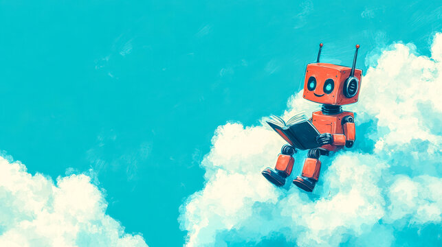 Cute robot reading a book sitting on a cloud in the sky