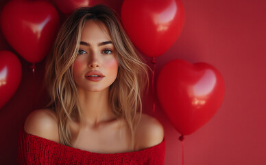young woman model around the red balloons. 