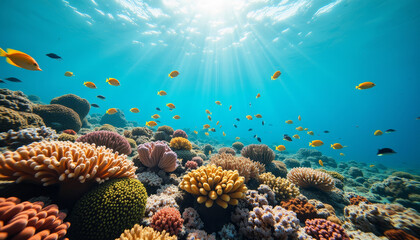 Obraz premium Underwater marvels reveal vibrant coral reefs teaming with colorful fish in a serene ocean landscape