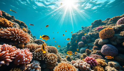 Obraz premium Underwater wonderland teeming with colorful coral and vibrant fish in sunlit ocean depths