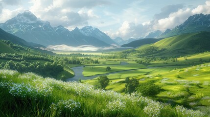 Breathtaking Vista of Lush Green Meadows, Winding River, and Majestic Snow