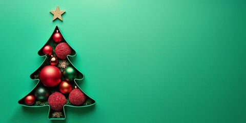3D illustration of a stylized Christmas tree, filled with red, green and gold Christmas balls, and a golden star on top, on a light green background.
