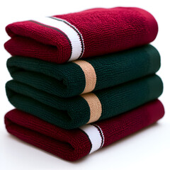 A neatly stacked set of colorful towels in red, green, and beige, showcasing their texture and vibrant colors.