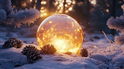 Glowing Oversized Snowball in Winter Landscape