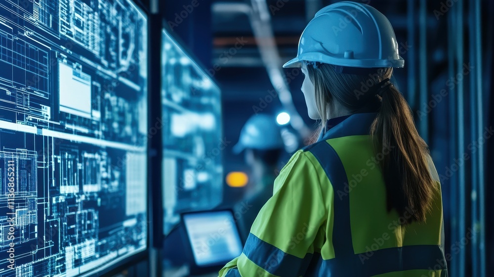 Poster engineer in high-tech control room overseeing advanced digital operations and systems