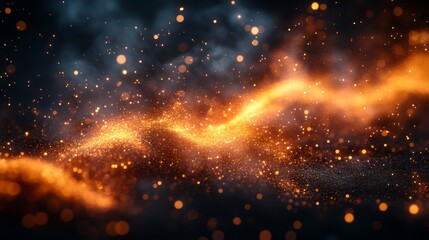 Smoke cloud from burnt wood fire. Dust of lights. Spooky dark magic haze. Panoramic view of the abstract fog.