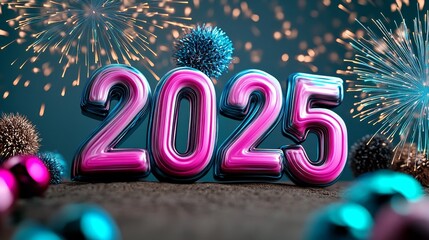 Happy New Year 2025: Celebrate the Future with Sparkle and Joy - Festive 2025 numbers, fireworks, ornaments; symbolizes new beginnings, hope, celebration, success, and future.