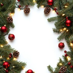 decorative christmas border with coniferous branches and garlands of christmas lights isolated on white background