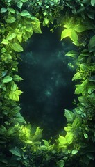 Lush green jungle leaves with neon glow on dark background