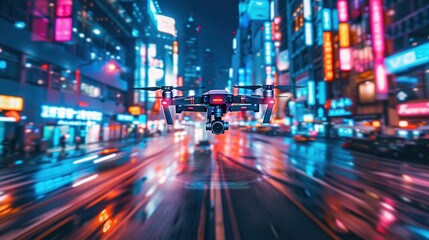 Obraz premium Drone Flight Over Vibrant City at Night