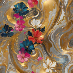 Vibrant abstract flower with golden accents in colorful swirling patterns and dynamic gradient background, digital art style