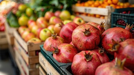 A vibrant display of fresh fruits, including pomegranates and apples, at a market.