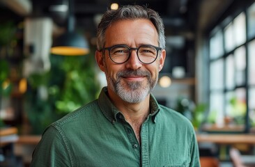 Portrait of a joyful middle-aged man in a casual green shirt