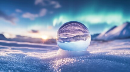 Crystal Sphere in a Snowy Landscape with Aurora Light